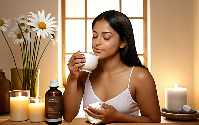 **Image Prompt:** A serene spa scene with a Latina esthetician enjoying a chamomile tea break, surrounded by aromatherapy diffusers and soft lighting. Focus on self-care and relaxation. Include elements representing "Autocuidado."