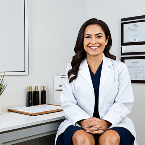 A confident professional female esthetician in her mid-30s, wearing a clean, modest professional uniform with a white lab coat. She stands in a brightly lit, modern aesthetic clinic consultation room. Behind her, several framed diplomas and professional certifications are prominently displayed on a light-colored wall. She is looking towards a professional female client, who is fully clothed in appropriate attire, seated comfortably in front of her. The esthetician has a warm, reassuring smile, and the client looks back with an expression of trust. Perfect anatomy, correct proportions, natural pose, well-formed hands, proper finger count, natural body proportions. Professional photography, high resolution, soft studio lighting, clean aesthetic. safe for work, appropriate content, fully clothed, professional, modest clothing, family-friendly.
