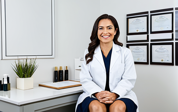 A confident professional female esthetician in her mid-30s, wearing a clean, modest professional uniform with a white lab coat. She stands in a brightly lit, modern aesthetic clinic consultation room. Behind her, several framed diplomas and professional certifications are prominently displayed on a light-colored wall. She is looking towards a professional female client, who is fully clothed in appropriate attire, seated comfortably in front of her. The esthetician has a warm, reassuring smile, and the client looks back with an expression of trust. Perfect anatomy, correct proportions, natural pose, well-formed hands, proper finger count, natural body proportions. Professional photography, high resolution, soft studio lighting, clean aesthetic. safe for work, appropriate content, fully clothed, professional, modest clothing, family-friendly.