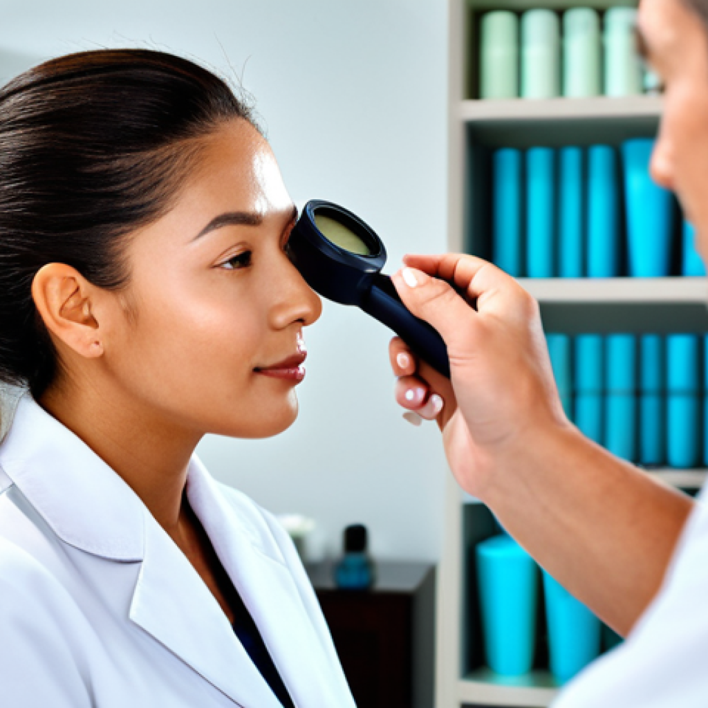 Close-up of Skin Analysis** A esthetician, fully clothed in a professional spa uniform, is examining a client's skin with a magnifying lamp. The focus is on the client's face, showcasing details of skin texture and pores. The esthetician is using a gentle touch. Background: a blurred spa setting with shelves of skincare products. Safe for work, appropriate content, family-friendly, fully clothed, perfect anatomy, natural proportions, professional setting, bright and clean lighting. **