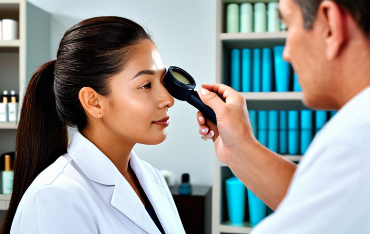 Close-up of Skin Analysis** A esthetician, fully clothed in a professional spa uniform, is examining a client's skin with a magnifying lamp. The focus is on the client's face, showcasing details of skin texture and pores. The esthetician is using a gentle touch. Background: a blurred spa setting with shelves of skincare products. Safe for work, appropriate content, family-friendly, fully clothed, perfect anatomy, natural proportions, professional setting, bright and clean lighting. **