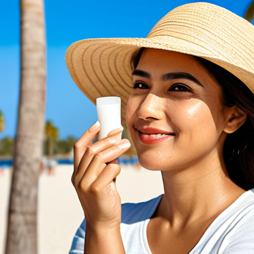 Woman Applying Sunscreen** Prompt: "A beautiful Hispanic woman in her late 20s, applying sunscreen to her face outdoors on a sunny day. She is wearing a stylish sunhat and casual, light-colored clothing. The background is a blurred beach scene with palm trees. Focus on her radiant skin and confident expression. Safe for work, appropriate content, fully clothed, professional skincare advertisement, perfect anatomy, natural proportions, well-formed hands, proper finger count." **