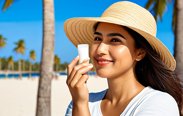 Woman Applying Sunscreen** Prompt: "A beautiful Hispanic woman in her late 20s, applying sunscreen to her face outdoors on a sunny day. She is wearing a stylish sunhat and casual, light-colored clothing. The background is a blurred beach scene with palm trees. Focus on her radiant skin and confident expression. Safe for work, appropriate content, fully clothed, professional skincare advertisement, perfect anatomy, natural proportions, well-formed hands, proper finger count." **