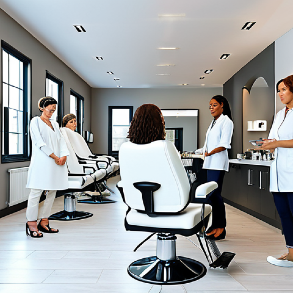** "A bright and modern beauty salon, fully clothed clients receiving facials and manicures, appropriate attire, safe for work, perfect anatomy, correct proportions, natural pose, professional lighting, clean environment, diverse group of women, friendly atmosphere, soft colors, high resolution, professional, family-friendly." **