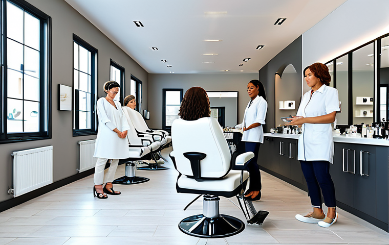 ** "A bright and modern beauty salon, fully clothed clients receiving facials and manicures, appropriate attire, safe for work, perfect anatomy, correct proportions, natural pose, professional lighting, clean environment, diverse group of women, friendly atmosphere, soft colors, high resolution, professional, family-friendly." **