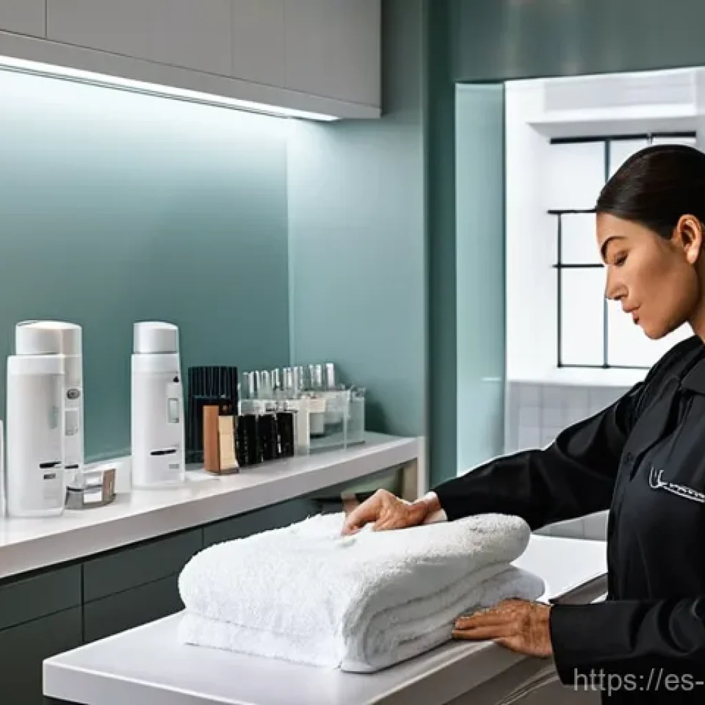피부관리사의 클리닉에서의 일상 - **Aesthetician's Morning Ritual:** "A highly professional aesthetician, in her early 30s, meticu...