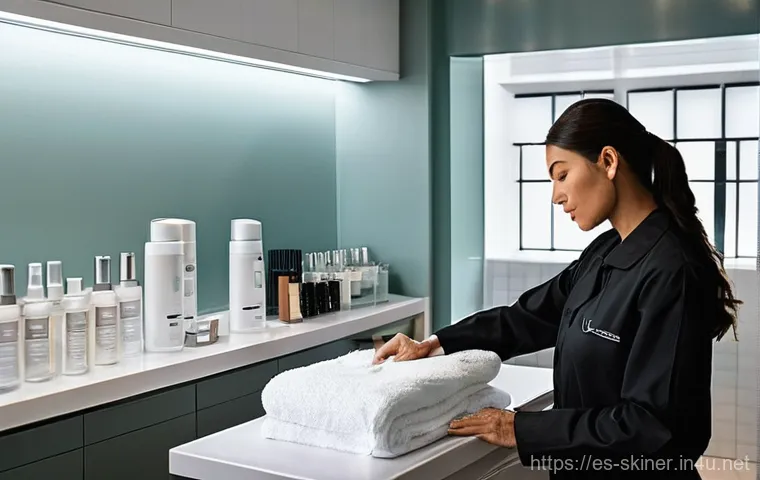 피부관리사의 클리닉에서의 일상 - **Aesthetician's Morning Ritual:** "A highly professional aesthetician, in her early 30s, meticu...