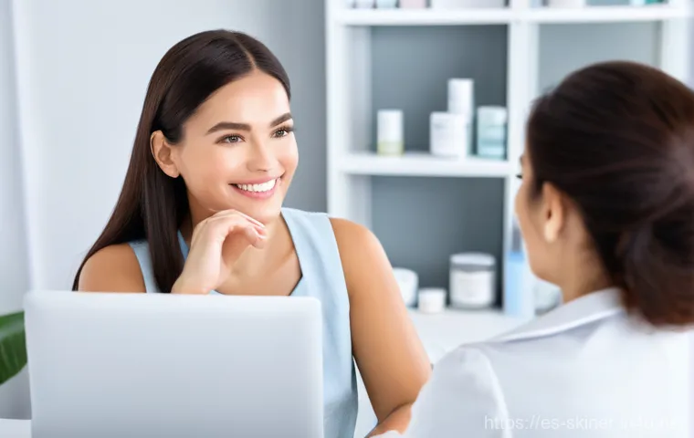 피부관리사의 클리닉에서의 일상 - **Personalized Skin Analysis with Advanced Technology:** "A skilled female aesthetician, mid-40s...