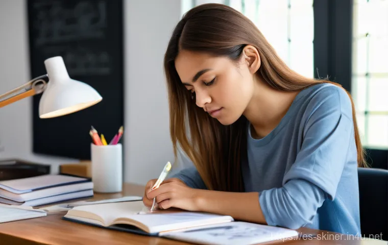 피부관리사의 시험 대비 학습법 - **Prompt:** A focused young female student (early 20s, with a studious expression) is deeply engross...