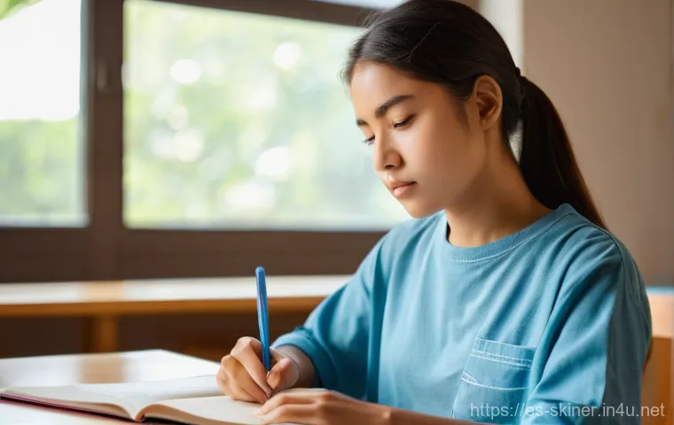 피부관리사의 시험 준비 전략 사례 - **Prompt:** A focused young female student, approximately 20-25 years old, with neatly tied-back hai...