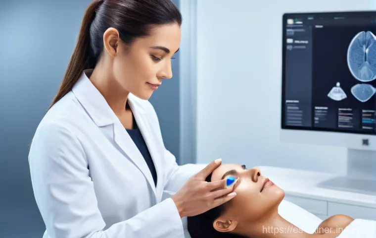 피부관리사의 필수 학습 팁 - **AI-Powered Skin Analysis in a Modern Clinic** A sophisticated, high-resolution image featuring...