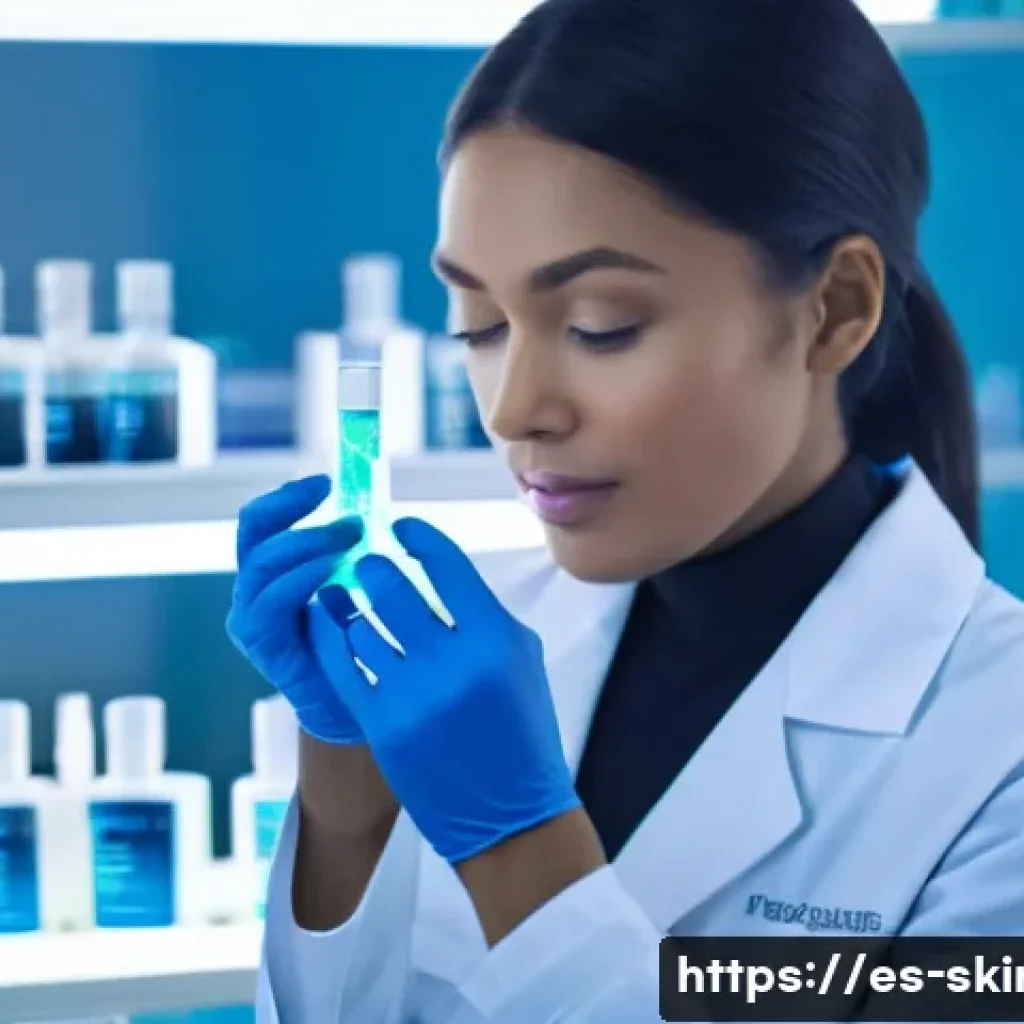 피부관리 제품 및 기술의 발전사 - A futuristic skincare laboratory setting showcasing biotechnological innovation: a diverse female sc...