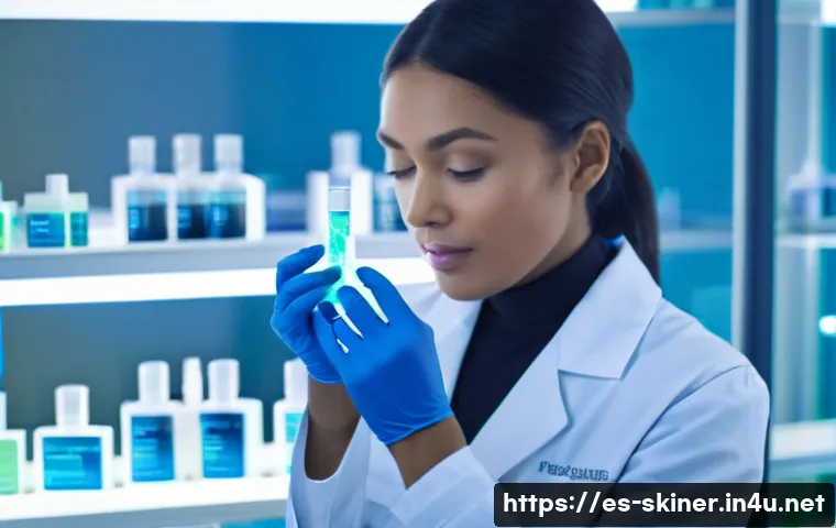 피부관리 제품 및 기술의 발전사 - A futuristic skincare laboratory setting showcasing biotechnological innovation: a diverse female sc...