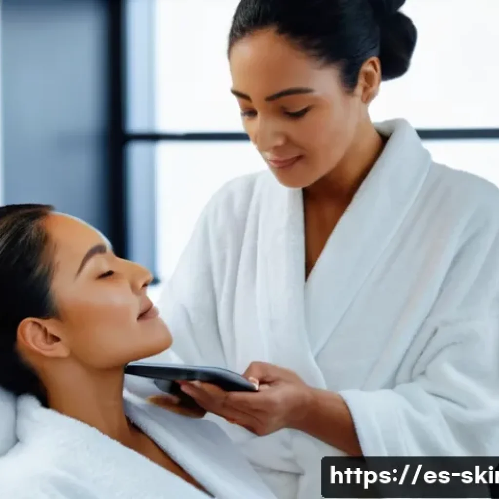 피부관리사의 고객별 스킨케어 기록 방법 - A professional skincare consultation scene in a modern spa setting, showing a diverse esthetician ca...
