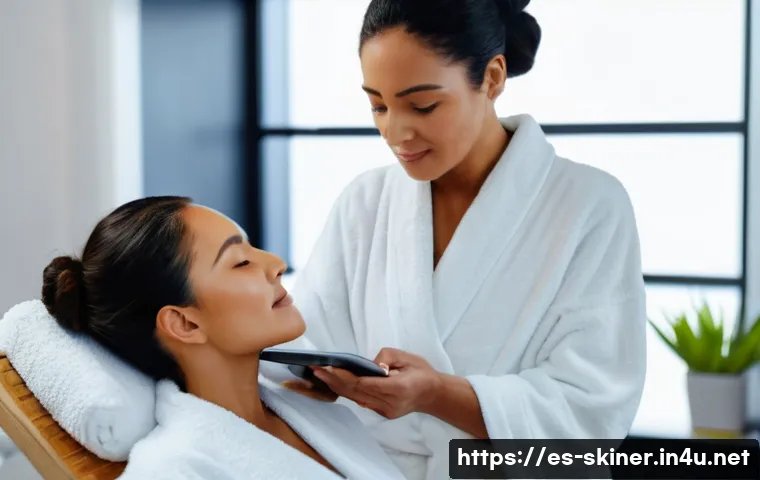피부관리사의 고객별 스킨케어 기록 방법 - A professional skincare consultation scene in a modern spa setting, showing a diverse esthetician ca...