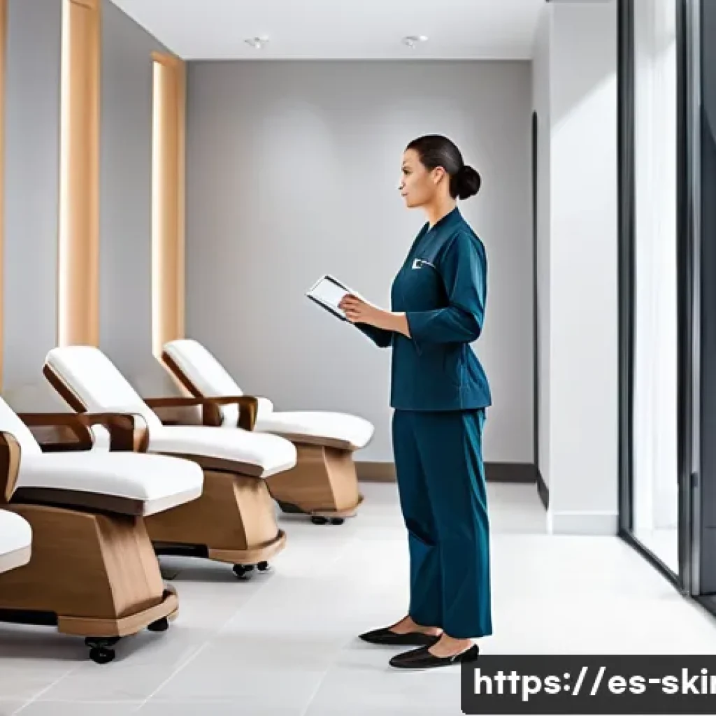 피부관리사의 건강관리 및 체력 유지 - A professional aesthetician in a modern spa environment, standing with perfect posture—straight back...