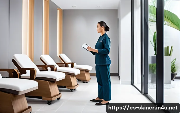 피부관리사의 건강관리 및 체력 유지 - A professional aesthetician in a modern spa environment, standing with perfect posture—straight back...