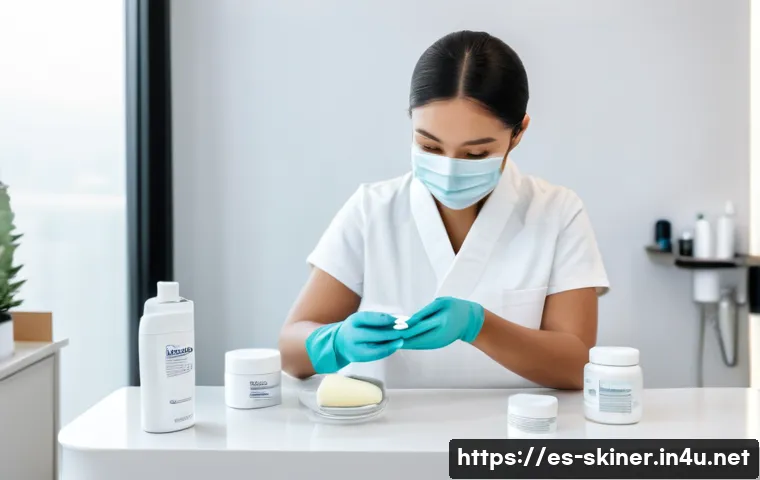 피부관리사 실기 시험 꿀팁 - A clean and well-organized skincare treatment workspace set in a bright, modern room with natural li...
