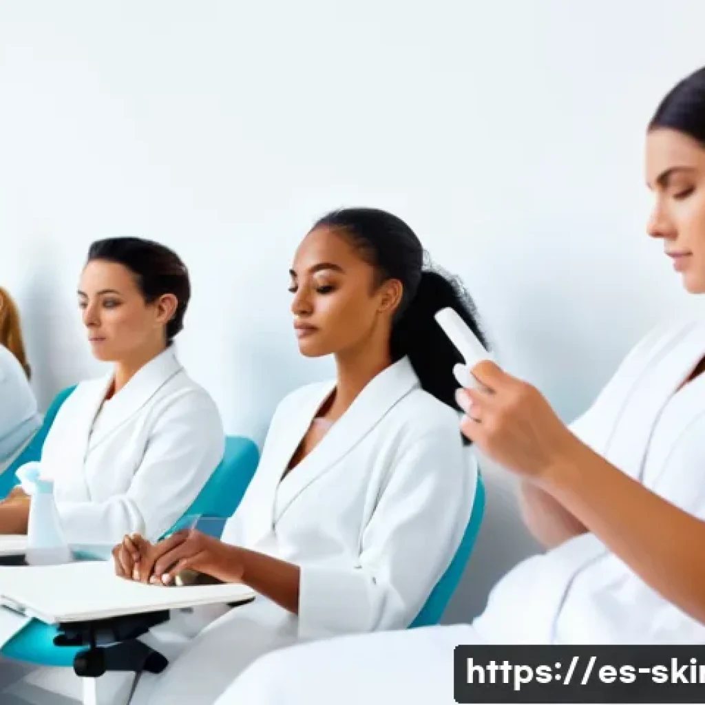 피부관리 자격증 시험 난이도와 준비법 - A professional skincare training classroom set in a modern Spanish beauty academy, showing a diverse...