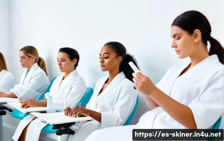 피부관리 자격증 시험 난이도와 준비법 - A professional skincare training classroom set in a modern Spanish beauty academy, showing a diverse...