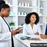 피부관리사의 고객 후기를 통한 개선 사례 - A modern skincare clinic scene showing a diverse group of clients consulting with a professional est...