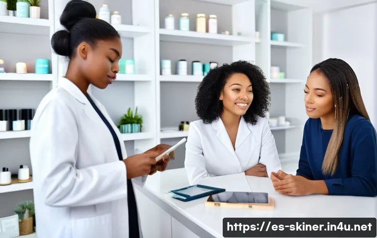 피부관리사의 고객 후기를 통한 개선 사례 - A modern skincare clinic scene showing a diverse group of clients consulting with a professional est...