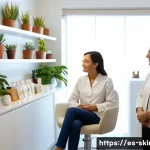 피부관리사로서의 언어 및 커뮤니케이션 스킬 - A warm and professional skincare consultation scene in a modern Spanish dermatology clinic, featurin...