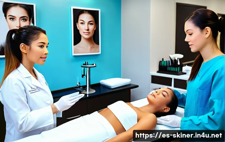 피부관리사의 글로벌 자격증 취득 팁 - A professional esthetician classroom setting with diverse adult students attentively learning advanc...
