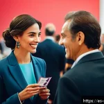 피부관리사 네트워킹 팁 - A vibrant professional networking event set in a modern conference hall in Spain, featuring a divers...