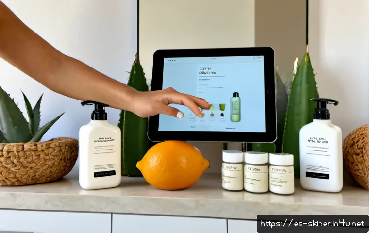 Home 30 피부관리 제품 성분 분석과 사용법 - Photorealistic skincare ingredient analysis scene for Spanish-speaking consumers, a neatly arranged ...